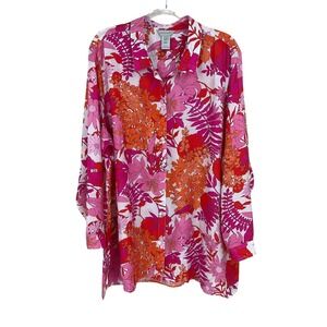 Multiples Floral Button Up Tunic Women 2X Multi Tropical Bold Relaxed Resort NEW